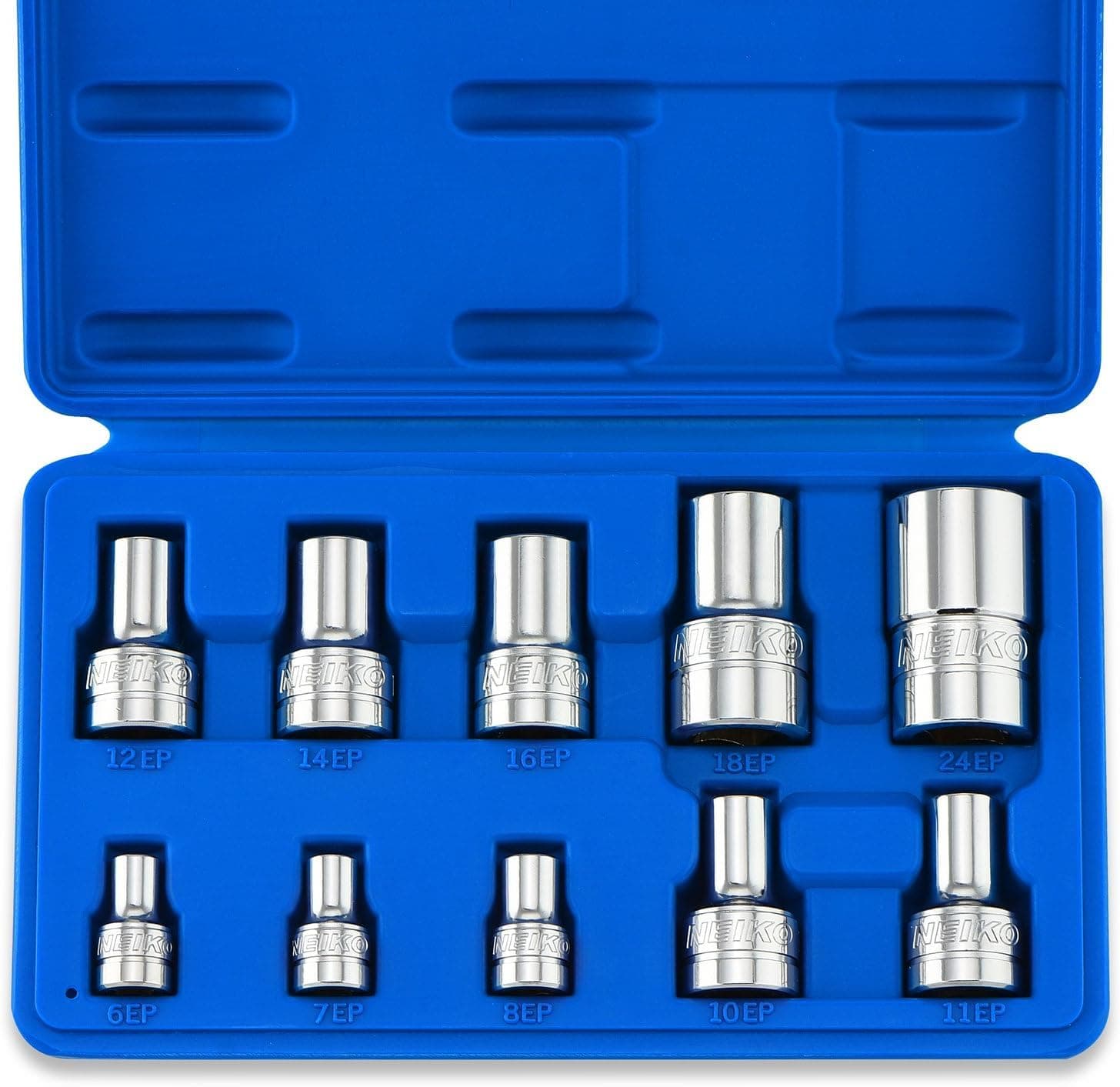 02473A E Socket Set | 10 Piece EP6 to EP24 | 1/4”, 3/8” and 1/2” Drive | Female Star External Torx Plus | Cr-V Steel