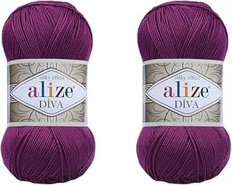 Diva Hand Knitting Yarn - 100% Microfiber Acrylic With Silk Effect - Crochet Art Lace Craft - 2 Skeins, 200gr, 767 Yds (297-Plum)