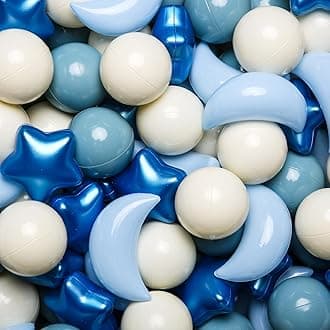 GOGOSO Ball Pit Balls Stars Moon Shapes Plastic Pitballs for Toddler Play Tent Baby Photo Props Kids Pool Water Toys Kiddie Pool Party Decor, Pearl Blue+Cream Blue+White,100PCS