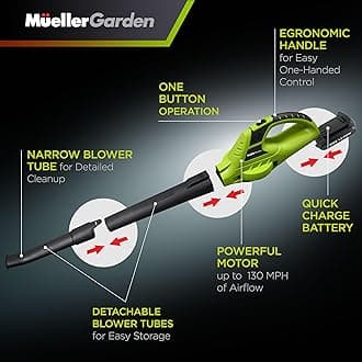 Mueller UltraStorm Cordless Leaf Blower, 130 MPH 20 V Powerful Motor, Electric Leaf Blower for Lawn Care, Battery Powered Blower for Snow Blowing High Capacity Battery & Charger Green