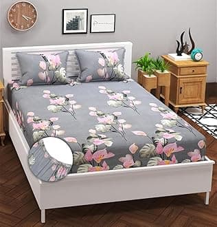 Premium Cotton Elastic Fitted Bedsheets with 2 QueenSize Pillow Covers | Double Bed with All Around Elastic 180 TC Supersoft | Size - 72 QueenSizex36+10 inches | Grey & Pink Flower