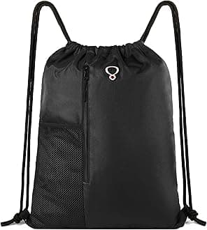 Drawstring-Gym-Bag for Men&Women Black Sport String Backpack With Water Bottle Mesh Pockets&Front Zippered Pocket