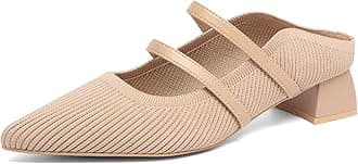 NEWBELLA Women's Pointed Toe Mules with Adjustable Strap, Low Block Heel Backless Flats for Dressy Casual Wear