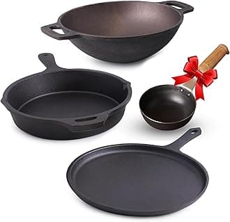 The Indus Valley Pre-Seasoned Cast Iron Cookware Set | Tawa(25.2cm), Fry Pan (25cm), Wok Model Kadai (26cm) & Tadka Pan (16.4cm) | Kitchen Cooking Combo Pots and Pans Set of 4Pcs
