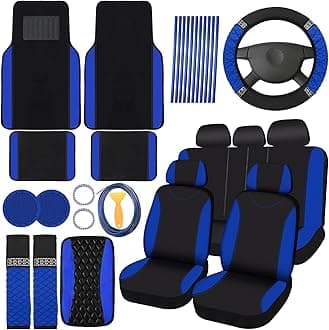 BBTO 43 Pcs Bling Car Accessories Set for Women Front Seats and Rear Bench Polyester Car Seat Protectors Wheel Cover Seat Floor Mats Full Crystal Automotive Interior Decor(Blue, Black)