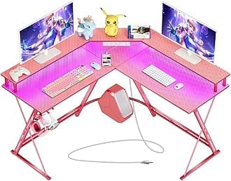 SEVEN WARRIOR Gaming Desk 50.4” with LED Light & Power Outlets, L-Shaped Gaming Desk Carbon Fiber Surface with Monitor Stand, Ergonomic Gamer Table with Headphone Hook, Pink