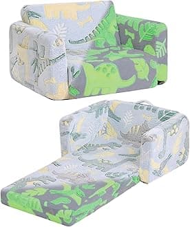 Tiita Kids Sofa, 2-in-1 Kid Sofa, Convertible Children Couch to Lounger, Flip Out Kids Chair, Glow in The Dark Toddler Armrest Chair Bed for Girl or Boy (Grey Dinosaur)