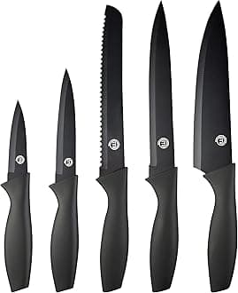 MasterChef Knife Set of 5 Kitchen Knives incl. Paring, Utility, Bread, Carving & Chef Knives for Cooking, Professional Sharp Stainless Steel, Non Stick Blades & Soft Touch Handles, 5 Piece, Black