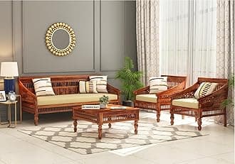 Solid Sheesham Wood Sofa Set for Living Room | Sofas | Wooden Sofa Set (Honey Teak & Cream, 3+1+1 Seater)
