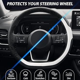 SEG Direct Flat Bottom Steering Wheel Cover, D Shaped Car Wheel Cover 37-39cm, Black White Microfiber Leather