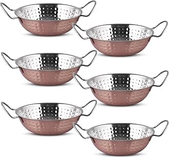 Set of 6 Indian Copper Balti Dishes 20cm Traditional Curry Bowls with Handles Handcrafted Copper Pots for Indian Food & Restaurant Serving