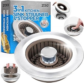 Zaa Upgraded 3in1 Modern Stainless Steel Kitchen Sink Drain Strainer & Stopper, Anti-Clogging Basket Strainer, Fits US Standard 3-1/2'' Sink Drain Hole, Brown