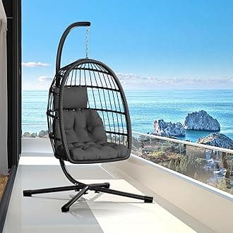 CHABATREE Egg Chair with Stand,Patio Rattan Wicker Hanging Swing Egg Chair Hammock Chair for Bedroom Porch Garden,Thickened Aluminum Alloy Steel Frame and UV Resistant Cushion,350LBS Capacity(Grey)