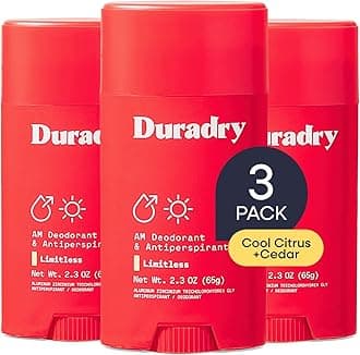 Duradry Clinical-Strength Antiperspirant Deodorant for Women and Men – Clean Formula with Natural Ingredients – Odor and Excessive Sweat Protection for Armpits–Limitless (Cool Citrus + Cedar),3 Pack