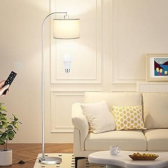 AmbimallArc Floor Lamp with Remote and Stepless Dimmable Bulb, Colors Temperature & Brightness Adjustable, Silver Floor Lamps for Living Room（Grey Shade & Silver Pole）