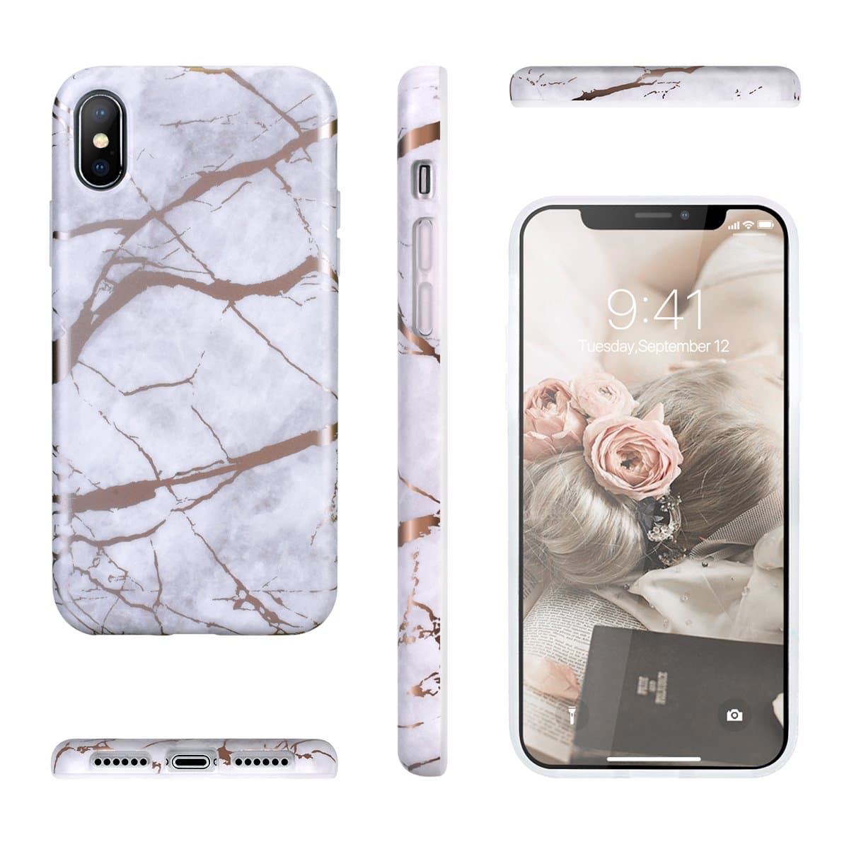 YT MARQUEEN iPhone X Case Marble Pattern Design Ultra Thin Anti-Scratch Bumper TPU Soft Case Rubber Silicone Skin Cover for iPhone X - White Rose Gold