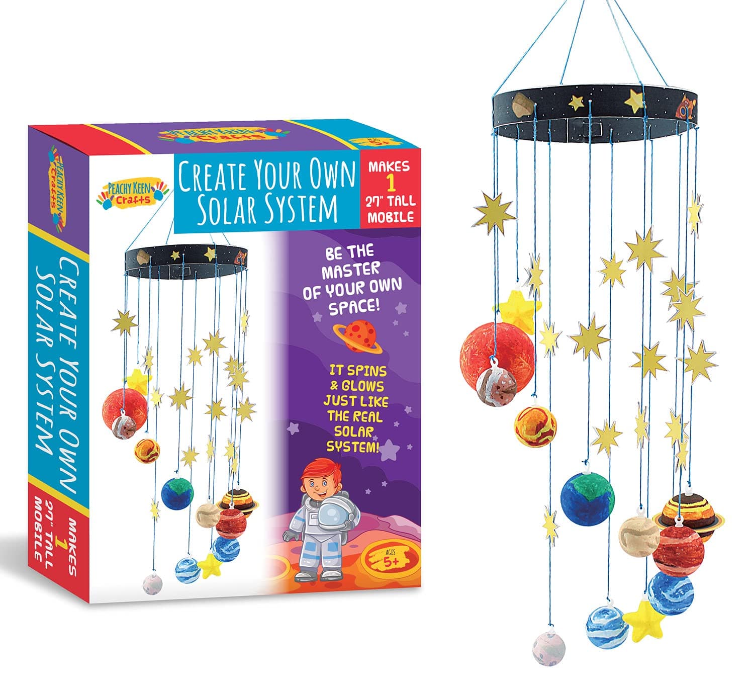 STEM Learning Fun with 3D Solar System Kit: Complete DIY Mobile Hanging Model, 27-Inch Long with 9 Foam Planets & Sun, 3D Solar System with Paintable Planets, Glow in the Dark Paint, Easy Instructions