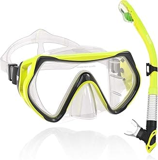 WACOOL Professional Snorkeling Snorkel Diving Scuba Package Set with Anti-Fog Coated Glass Purge Valve and Anti-Splash Silicon Mouth Piece for Men Women (Adults,Yellow)