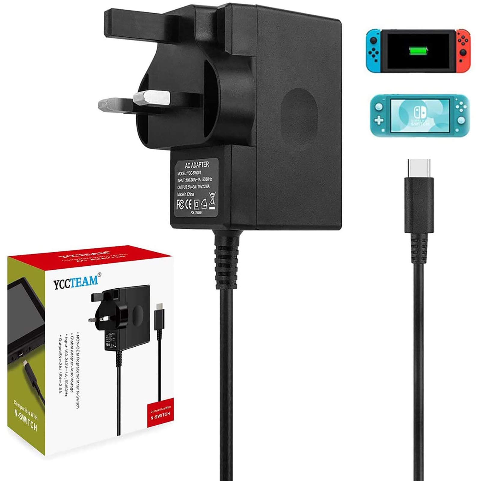 45W Charger for Switch/Switch OLED/Switch Lite, 2Hours 15V/3A Fast Charging AC Adapter 5FT Type-C Cable Power Supply for Switch/Lite/Dock and Switch Pro Controller - Support TV Mode