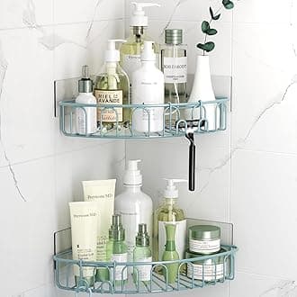 Orimade Corner Shower Caddy with 2 Hooks Wall Mounted Metal Bathroom Shelf Storage Organizer Adhesive No Drilling 2 Pack, Blue Only for 90-Degree Corner