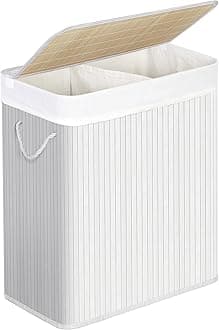 SONGMICS - Laundry Basket with Lid - Bamboo Laundry Basket with 2 Sorting Compartments, Removable Bag, Cotton Handles - Volume 100L, for Laundry Room, Bedroom - White -LCB64WT