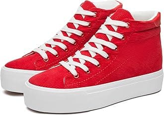 THATXUAOV Womens Corduroy High Top Sneakers,Casual Platform Shoes for Women,Lace up Platform Tennis Shoes(Red.US6)