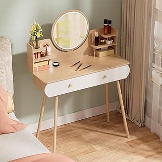 Desk Mirror with Light, Makeup Vanity Desk with LED Lighted Mirror, Vanity Table with 2 Drawers and Opening Shelves, Bedroom Dressing Table, Vanity Lights for Mirror 3 Modes Brightness Adjus