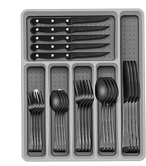 49-Piece Black Silverware Set with Organizer, Food-Grade Stainless Steel Black Flatware for 8, Cutlery Utensil Sets with Steak Knives, Rust-proof, Mirror Polished, Dishwasher Safe, Roman Column