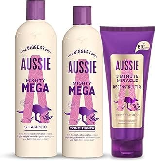 Aussie Mighty Mega Shampoo & Conditioner Set + 3 Minute Miracle Reconstructor Deep Hair Treatment (675/470/350ml). Lightweight, Vegan Formula for Soft, Shiny Hair with Macadamia Oil. Cruelty-Free