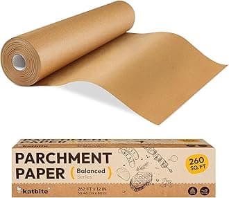 Katbite 12in x 262ft Unbleached Parchment Paper Roll, 260 Sq.Ft, Balanced Series, Non-Stick, Extra Long Parchment Baking Paper with Portable Serrated Cutter for Baking, Cooking [Balanced Series]