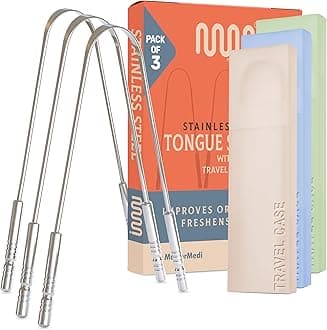 Tongue Scraper with Travel Case - 3 Pack, Fights Bad Breath, Medical Grade 100% Stainless Steel, Great for Oral Care, Tongue Cleaner for Adults and Kids, Easy to Use with Non-Synthetic Handle