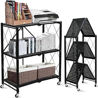 SKY-TOUCH Shelf Foldable Storage Shelving Unit 3 Tier, Storage Shelves Kitchen Cabinet Storage Rack with Caster Wheels, Multi-Shelf Foldable Storage Shelves for Living Room Bedroom Kitchen,Black