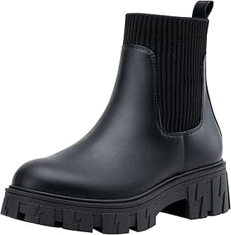 Women’s Chelsea Chunky Ankle Boots Elastic Platform Lug Sole Short Pull on Low Heel 9610 Booties