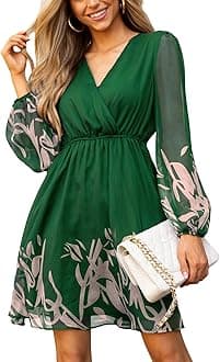 CUPSHE Women's Mini Dresses Casual Spring V Neck Chiffon Long Peasant Sleeves Flowy Autumn Dress