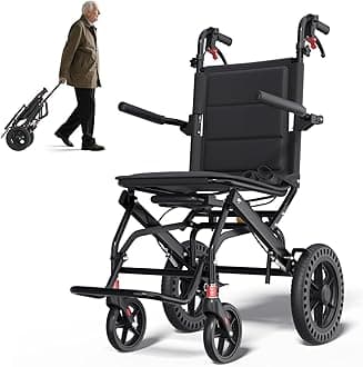 Ultra-Lightweight Folding Wheelchair, Travel Wheelchairs with Foldable Pedals and Flip-Backs Arms, Handbrake & Telescopic Handle, Handle Manual Wheelchair 12" Wheel