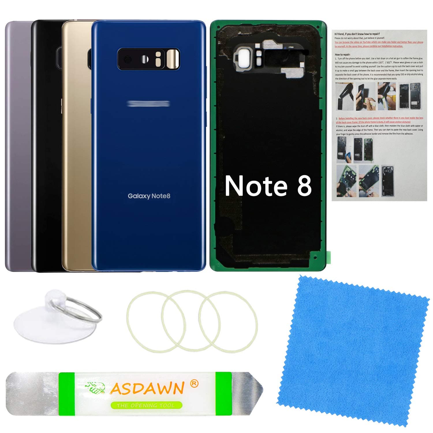 Galaxy Note 8 Replacement Back Glass Panel Case with Installation Manual + Pre-Installed Camera Lens + All the Adhesive + Repair Tool Kit for Samsung Galaxy Note 8 SM-N950 All Carriers (Deep Sea Blue)