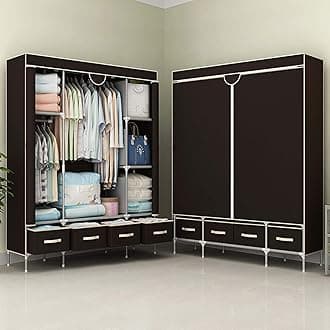 Anmas Power Canvas Wardrobe with 4 Drawers - Deep Coffee | Large Clothes Storage with Hanging Rail and Shelves, 150x45x170cm