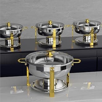 Chafing Dishes for Buffet, 5 Qt Round Chafing Dish Buffet Set with Glass Lid, Stainless Steel Chafers and Buffet Warmers Sets for Parties, Rolled-Edge Design with Gold and Silver, 4 Pack
