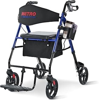 Metro Mobility Rollator Walkers for Seniors with Seat, Foldable 2 in 1 Rolling Walkers Wheelchair, 300lb Capacity with Cup Holder & Cane Holder, 8'' All Terrain Wheels, Blue