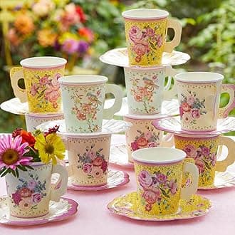 Pack of 24 Vintage Floral Cup & Saucer Afternoon Tea Set | Truly Scrumptious Disposable Tableware for Birthday or Garden Party, Baby Shower, Wedding, TRULYCUPSET24