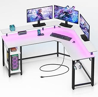 L Shaped Gaming Desk with LED Lights & Power Outlets, 46.2" Computer Desk with Full Monitor Stand & Storage Shelf, Corner Desk with Hooks, White Desk Reversible