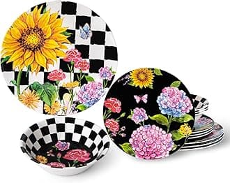 LEHAHA Sunflower 12-Piece Melamine Dinnerware Set Include Plates/Dishes and Bowls, Service for 4, BPA Free and Unbreakable Black Plaid Floral Dish Set for Indoor and Outdoor Use…