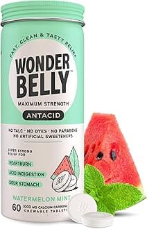 WonderbellyAntacid, Effective Heartburn and Instant Acid Indigestion Relief, Extra Strength Chewable Tablets, 1000 mg Calcium Carbonate, No Talc or Dye, Watermelon Mint, 60 Count