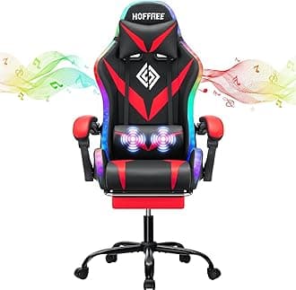 HOFFREE RGB Gaming Chair with Speakers and Massage Ergonomic Computer Chair with Lights and Footrest Reclining Video Game Chairs for Adults Red and Black