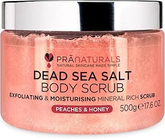 PraNaturals Dead Sea Salt Body Scrub 500G – Hydrating & Moisturising, Natural Oils & Minerals, Exfoliating, Softening & Nourishing, All Skin Types, No Parabens, Vegan & Cruelty Free (Peaches & Honey)