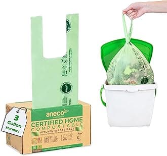 ANECO Compostable Trash Bags 3 Gallon With Handles (30 Count), Extra Strong Compost Bags for Kitchen Countertop Bin - BPI & OK Compost HOME Certified Small Garbage Bags With Handles