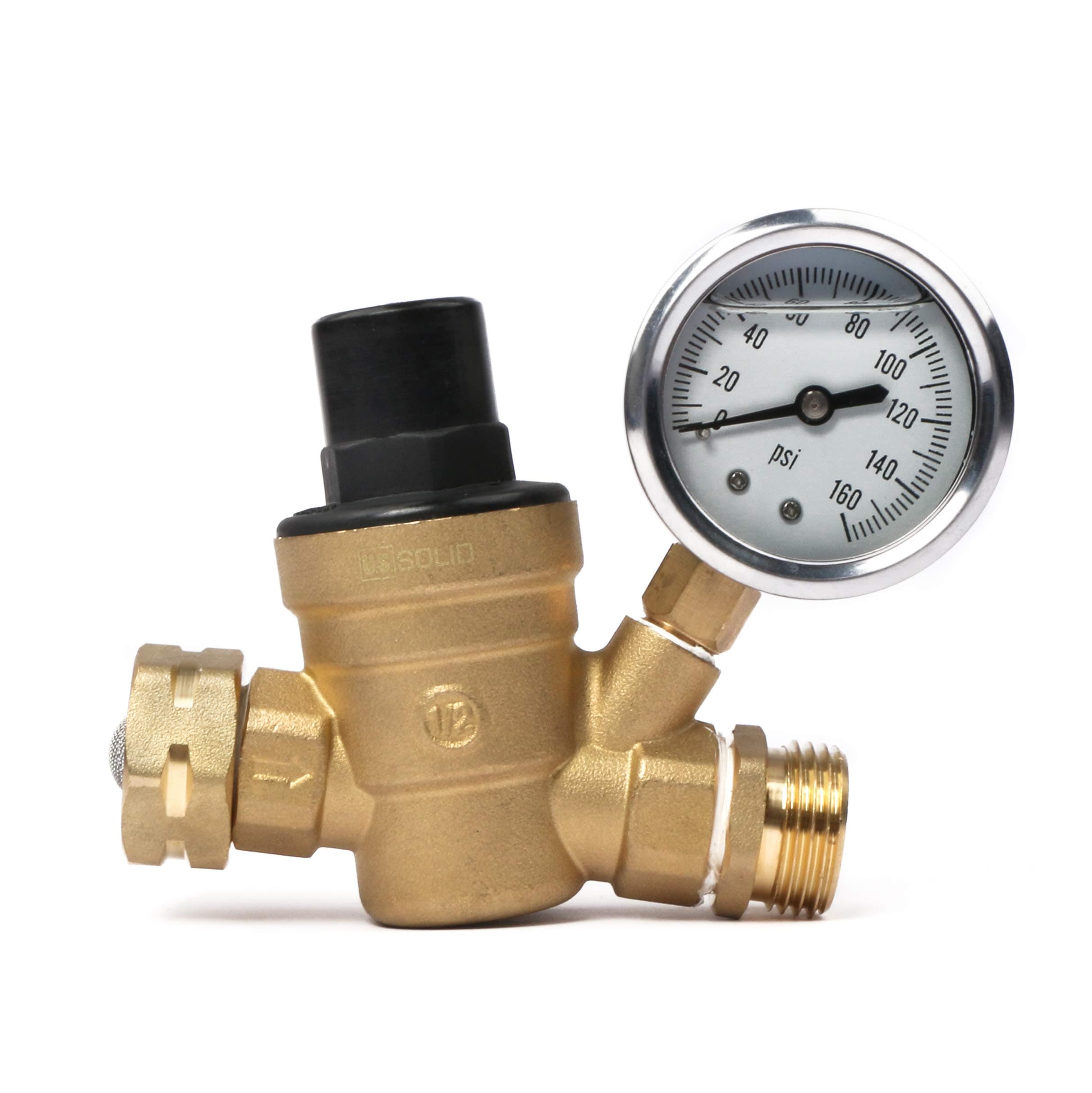 U.S. Solid Water Regulator Valve- 3/4" NH Thread NO Lead Brass Adjustable RV Pressure Regulator with Pressure Gauge and Water Filter Net