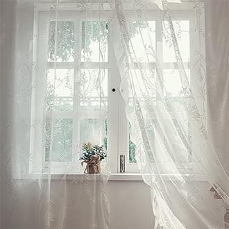 Deeprove White Lace Curtains 84 Inches Long 2 Panels Set, French Boho Sheer Florals Bohemian Ruffle, Shabby Chic Vintage Window Treatment Pair Decor Drapes for Bedroom, Rod Pocket, W57 x L84