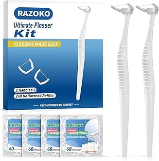 – Reusable Dental Flosser Kit, Extra Strong Shred-Resistant Floss, for Hard to Reach Areas, PTFE & PFAS Free (2 White Handles + 240 Refills)