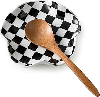 Spoon Rest for Stove Top, 5.3in Checkered Spoon Holder Utensil Rest, Ceramic Spoon Rests for Coffee Bar, Kitchen Gadget Cooking Gift for Housewarming - Heat Resistant & Dishwasher Safe